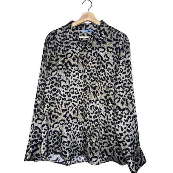 Antonio Melani Long Sleeve Animal Print Button Up Satin Blouse Size XL Neutral - Picture 1 of 7